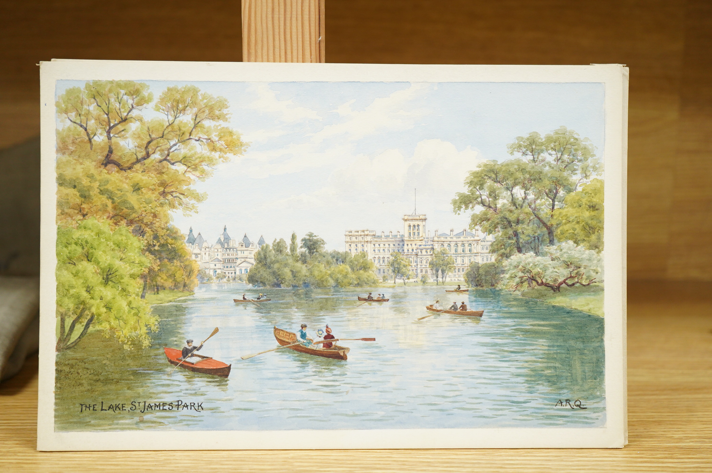 Alfred Robert Quinton (1853-1934), a set of six original watercolours for postcard designs, London views to include: Lambeth Bridge and Houses of Parliament, The Thames Embankment, The Lakes St James Park and Hyde Park C
